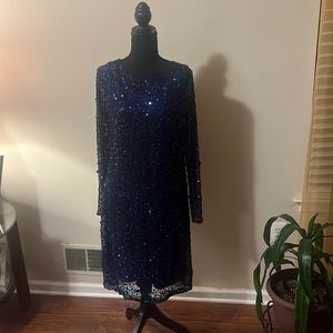 Frank Lyman navy blue sequined long sleeved dress. Size 20. Few Missing sequins.